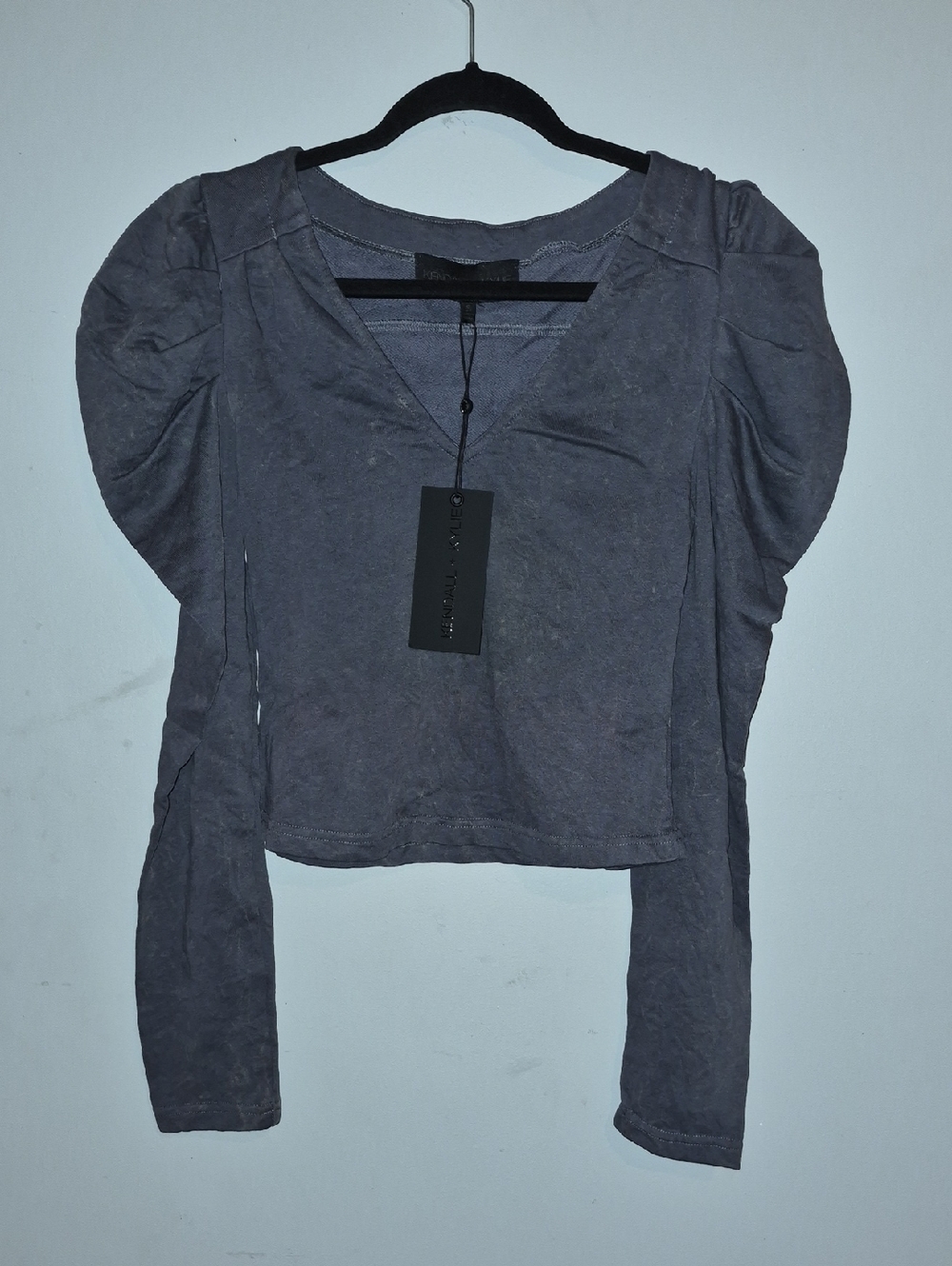 Kendall & Kylie Gray V-Neck Puff Sleeve Long Sleeve Top